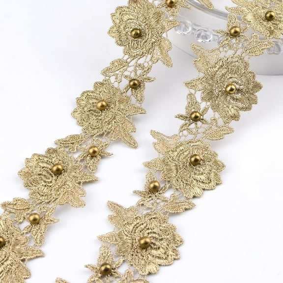 5 Yards Golden Lace Trim Flower Embroidered Lace Ribbon Vintage Edging Fabric Applique for Costume Sewing DIY Lamp Shade Wedding Decors
