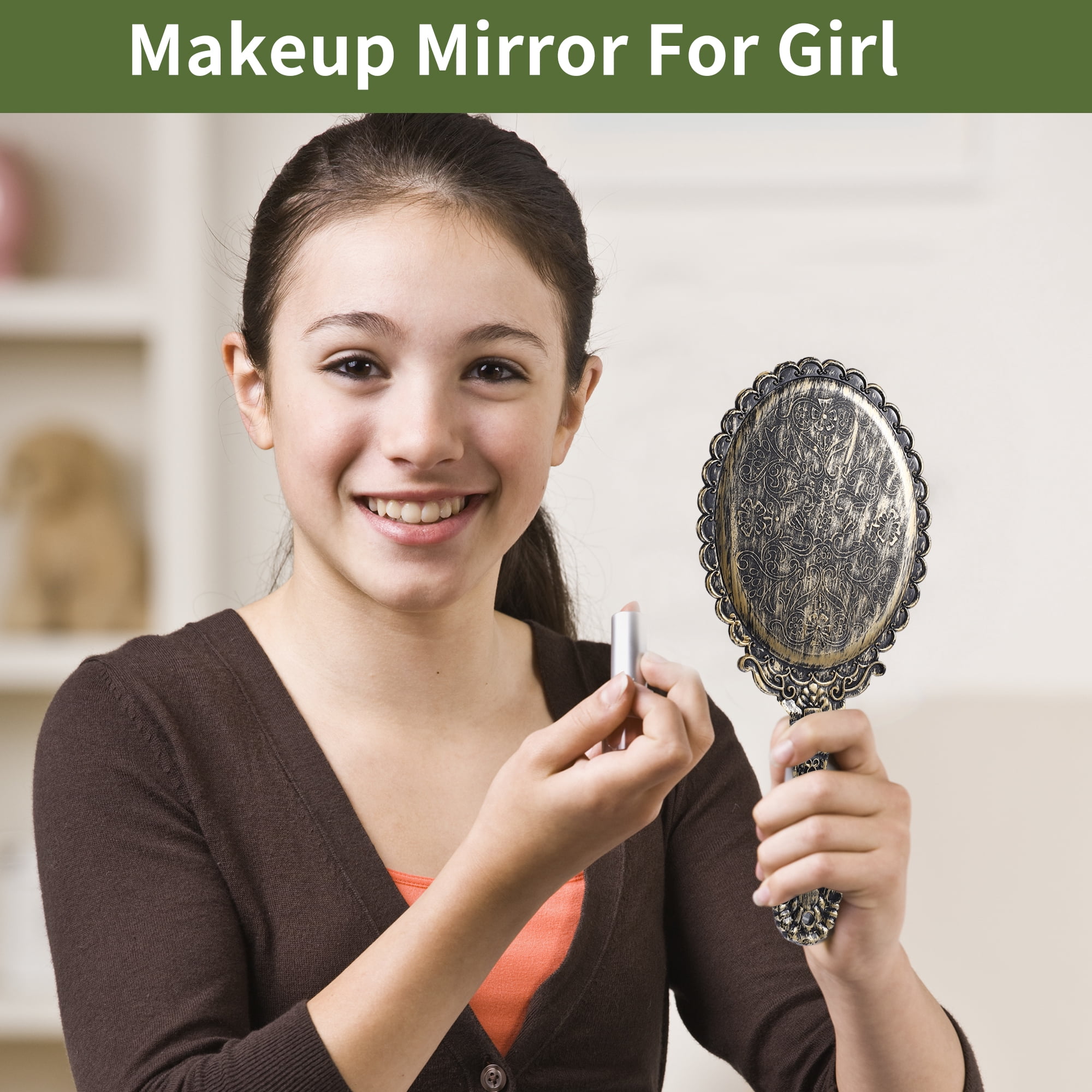 Unique Bargains Hand Mirror Embossed Vintage 1Pc Bronze Tone