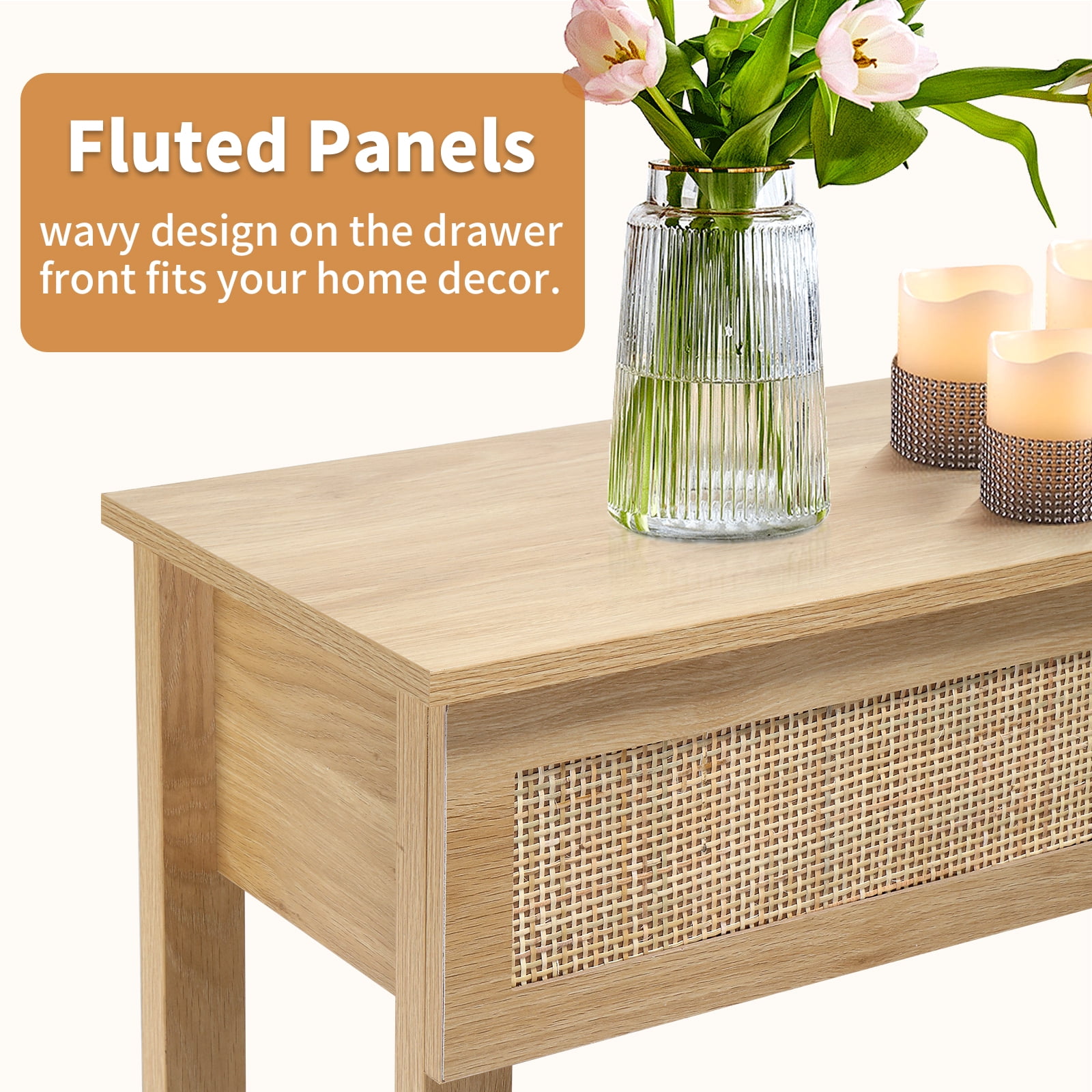 Rattan Console Table, Boho Entryway Sofa Table with 3 Drawers & Storage Shelf, Natural Wood