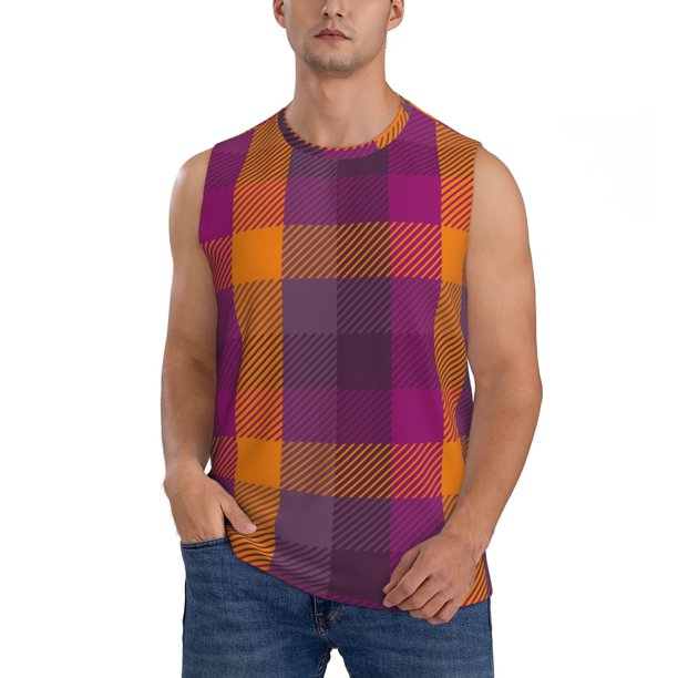 Fotbe Purple Yellow Buffalo Plaid Men's Camiseta sin Mangas Estampada para Hombres, Playera Casual para Gimnasio, Entrenamiento, Playa-X-Large