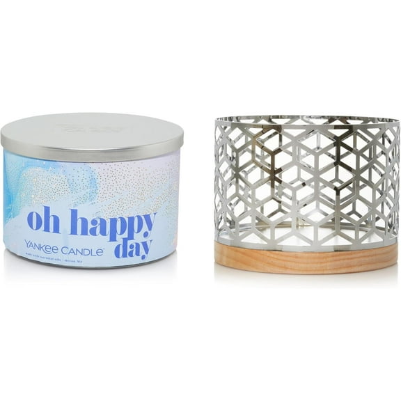 Yankee Candle Oh Happy Day! (Ocean Air Fragranced) Large 3-Wick Candle with a Herringbone Jar Candle Holder 2-pc Gift Set