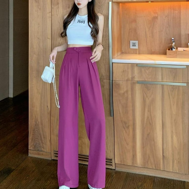 Wyongtao Women's Casual Wide Leg High Waisted Trousers Spring and Autumn  Solid Color Straight Long Pants Hot Pink M