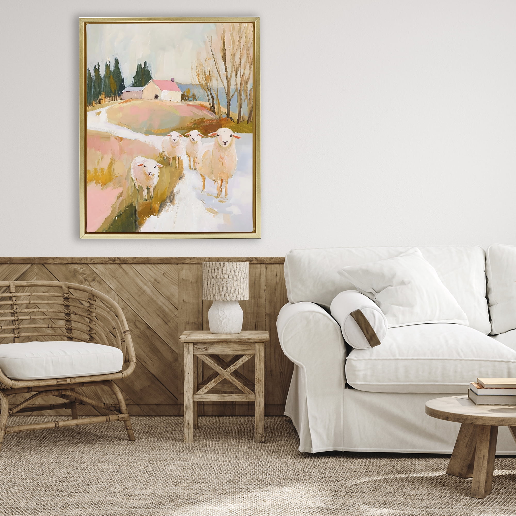 Stupell Industries Sheep on the Roadside Pasture Gold Framed Floater Canvas Wall Art, design by The Prints Vibe
