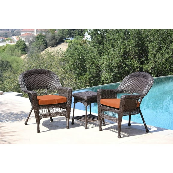 Jeco 3pc Wicker Chair and End Table Set with Orange Chair Cushion-Finish:Espresso