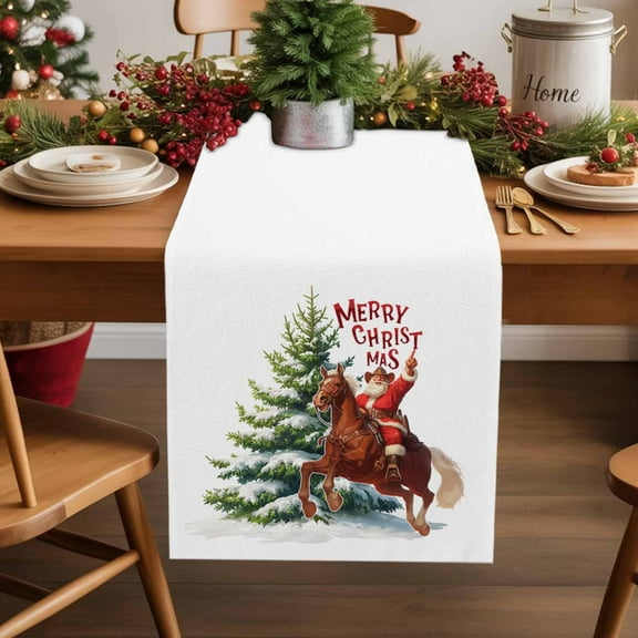 Burlap Table Runner 36 Inches Long,Western Santa Claus Riding Horse Non-Slip Kitchen Table Runners for Dining Room Everyday Use Party Table Decorations Green Christmas Tree on White