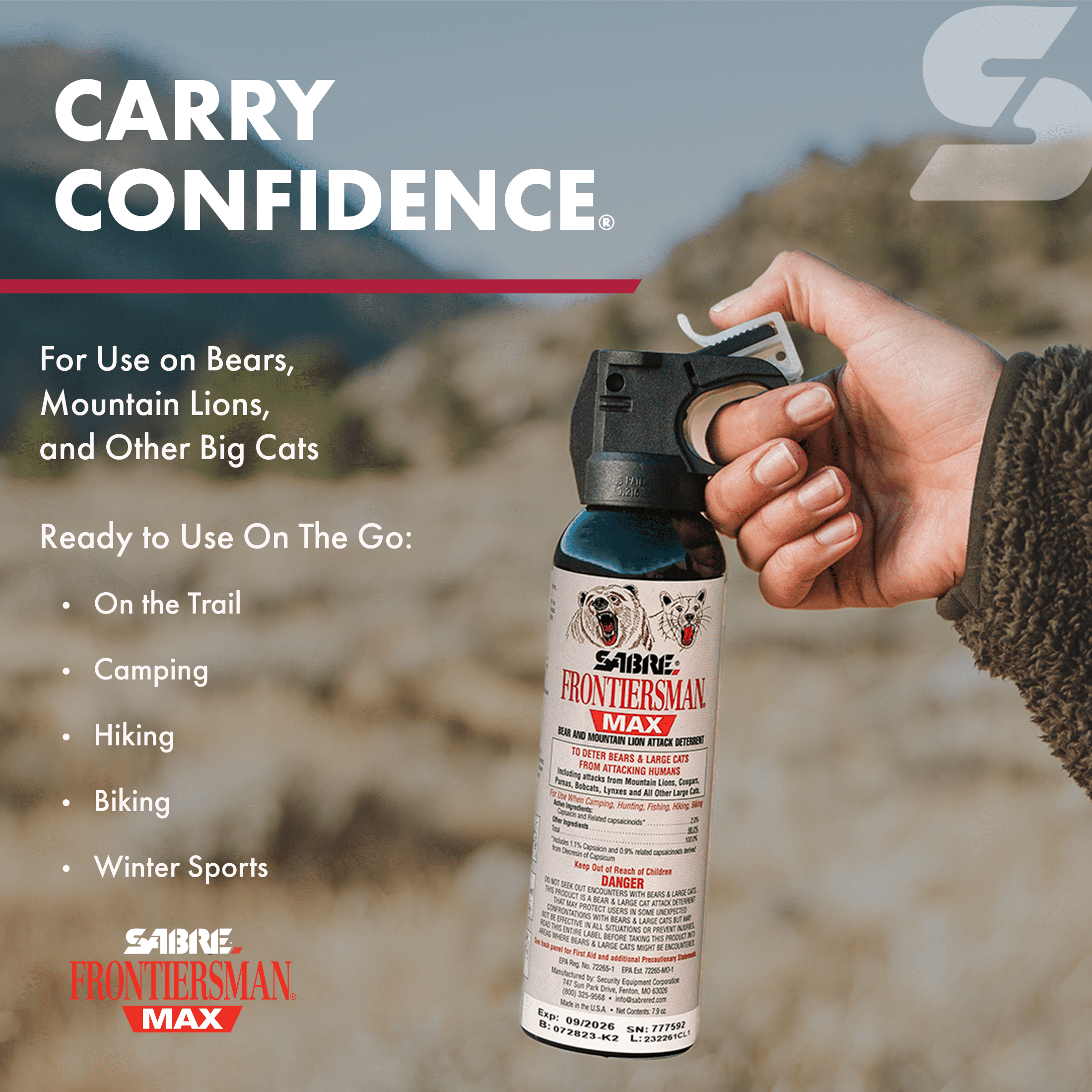 (2 pack) SABRE Frontiersman MAX Bear Spray and Mountain Lion Deterrent, 7.9 oz, 40 ft Range, Maximum Strength, Animal Pepper Sprays, 1 Ct