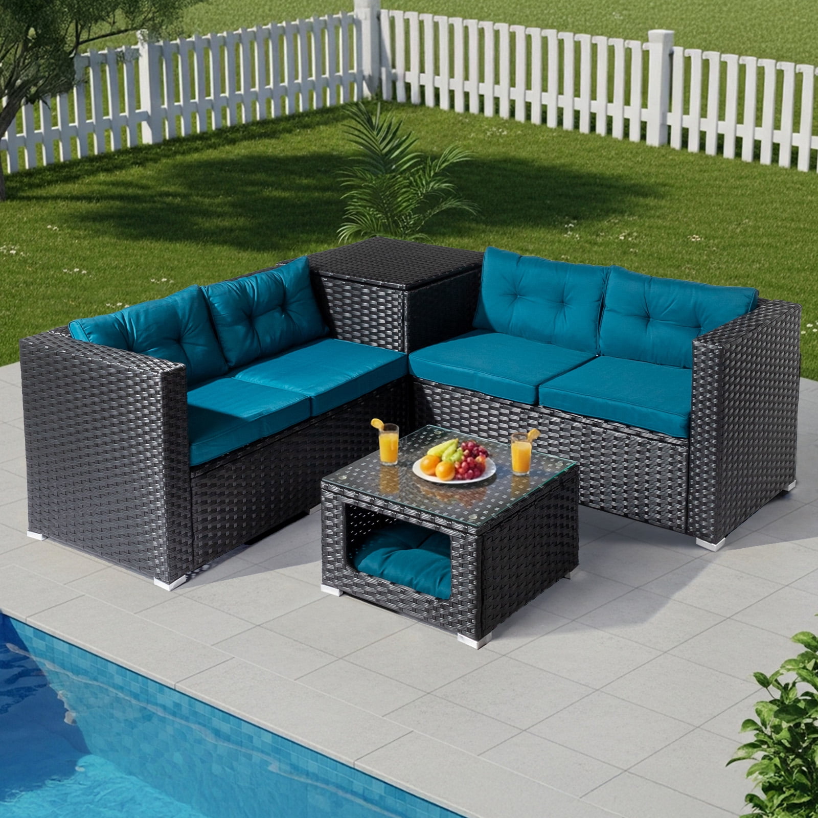 Ktaxon 4PC Patio Furniture Set, Black PE Wicker Modular Sectional with Storage Box, Pet Coffee Table  Peacock Green Cushions