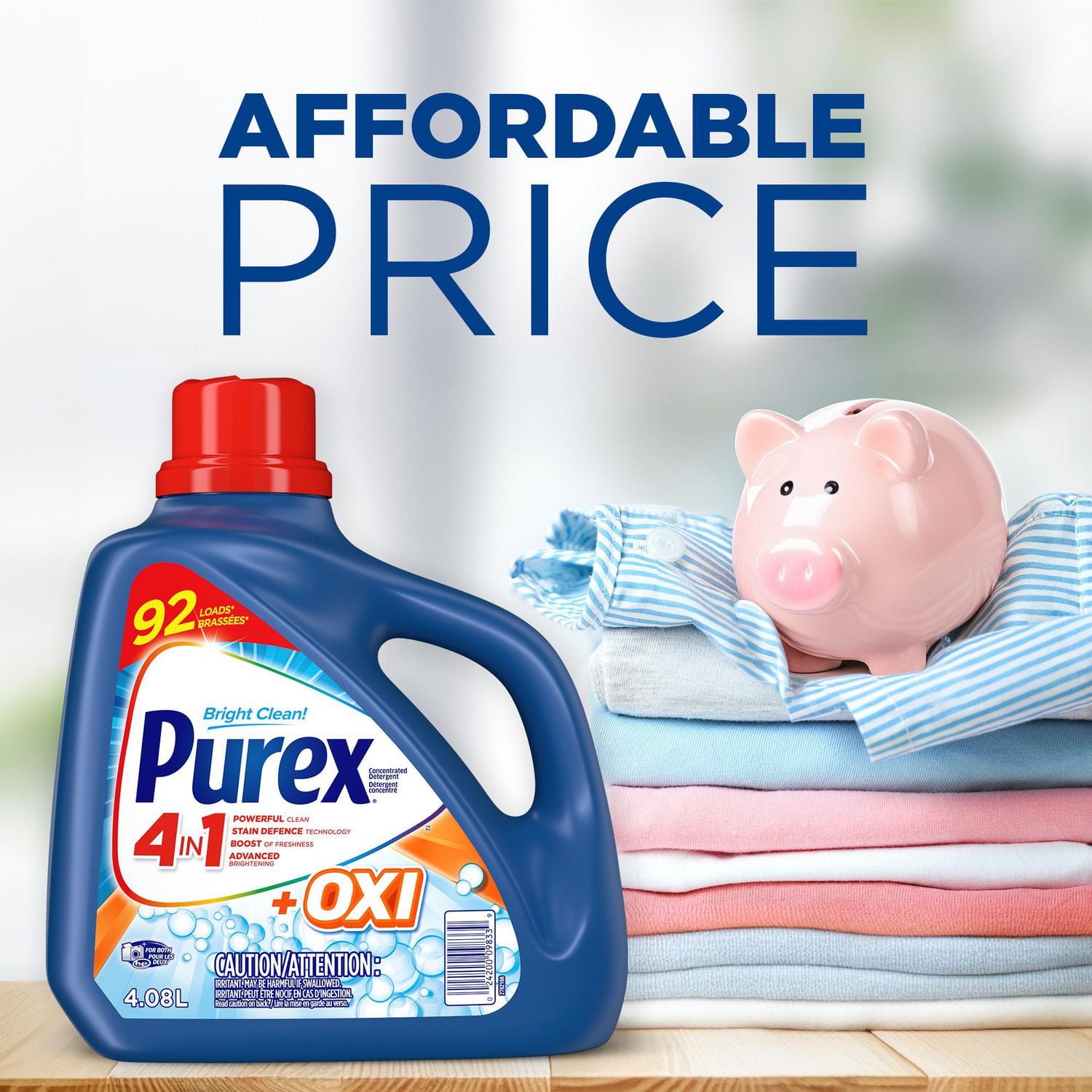 Purex plus oxi 4 en 1 détergent à lessive liquide concentré, 4,08 litres, 92 brassées