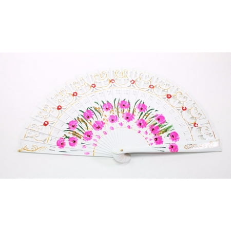 

D13424-4 Random White Double Side Wooden Spanish Floral Print Hand Folding Fan Party Gift