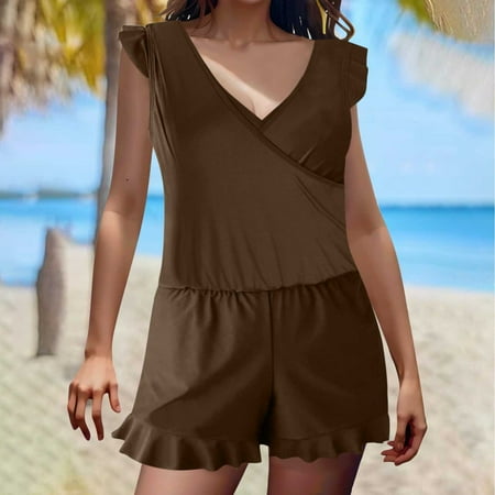 Itsame Womens One-Piece Swimsuit  Pockets Shorts Plus Size Built-in Bra Solid Bathing Suit Coffee S-XXXL