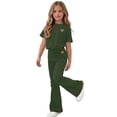 thumbnail image 5 of Girls Leopard Heart Clothing Set Teens 2 Piece Outfits Crewneck Oversized Short Sleeve Top Flare Pants Sets School Loose Army Green 14-15 Years, 5 of 6
