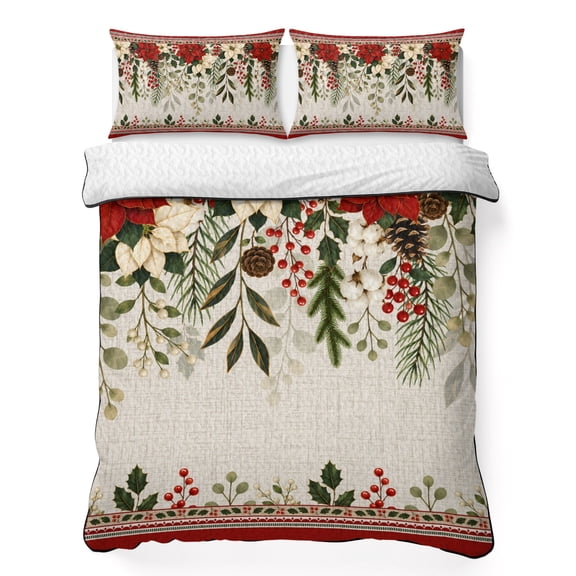 Quilts Twin XL Size Bedding Set, Christmas Red Poinsettia Lightweight Quilted Comforter, Winter Xmas Floral Leaves Rustic Reversible Bedspread Coverlet with Pillow Covers for All Season, 68" x 98"