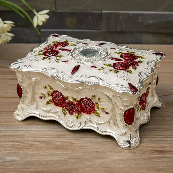 Vintage Metal Jewelry Box with Floral Carving – Antique Trinket Organizer Storage Case Blue Velvet Lining for Rings, Earrings, Gift