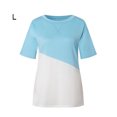 thumbnail image 2 of Femmes T-shirt Couleur Bloc Blouse Courte Femmes Col Rond Manches Haut Col Rond Blouse, Bleu, L, 2 of 7
