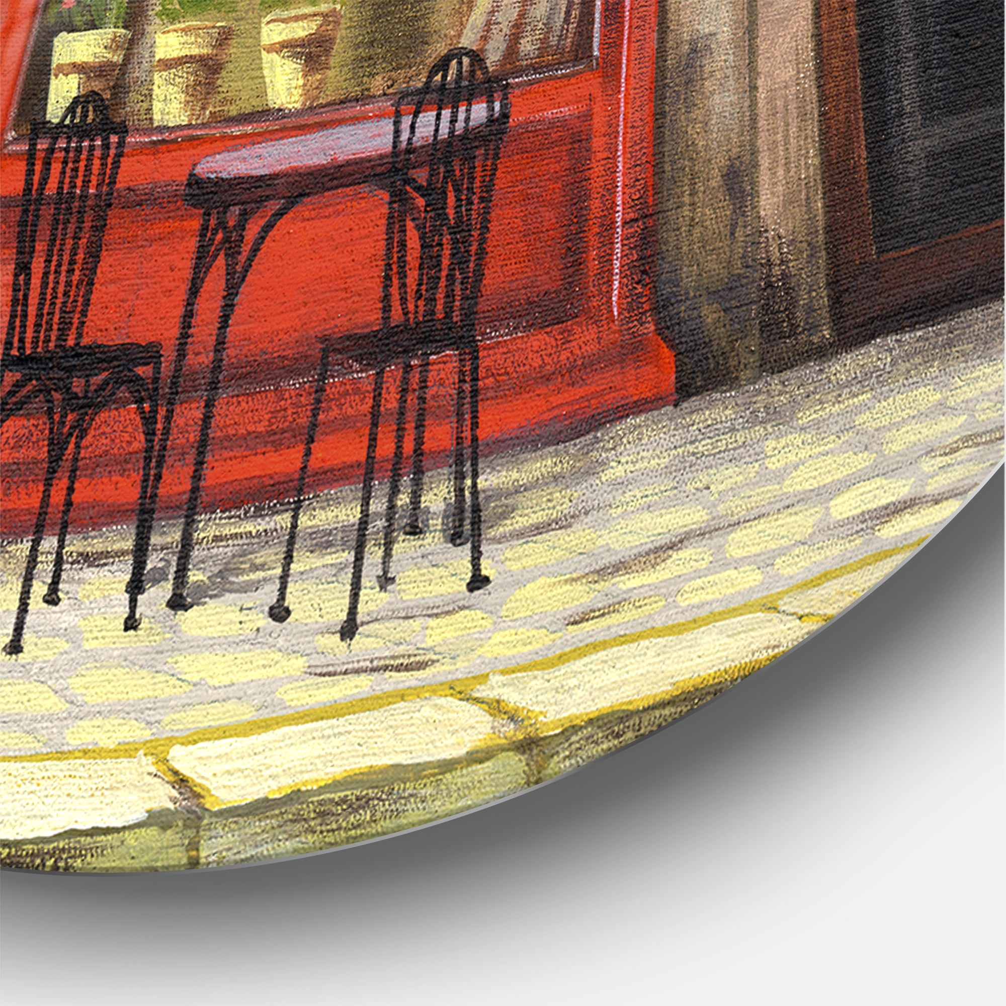 Designart 'Red Facade of Charming Shop In Paris Street I' French Country Circle Metal Wall Art 36x36 - Disc of 36