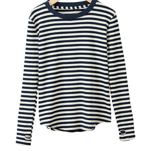 Camiseta informal de rayas con cuello redondo y manga larga para mujer