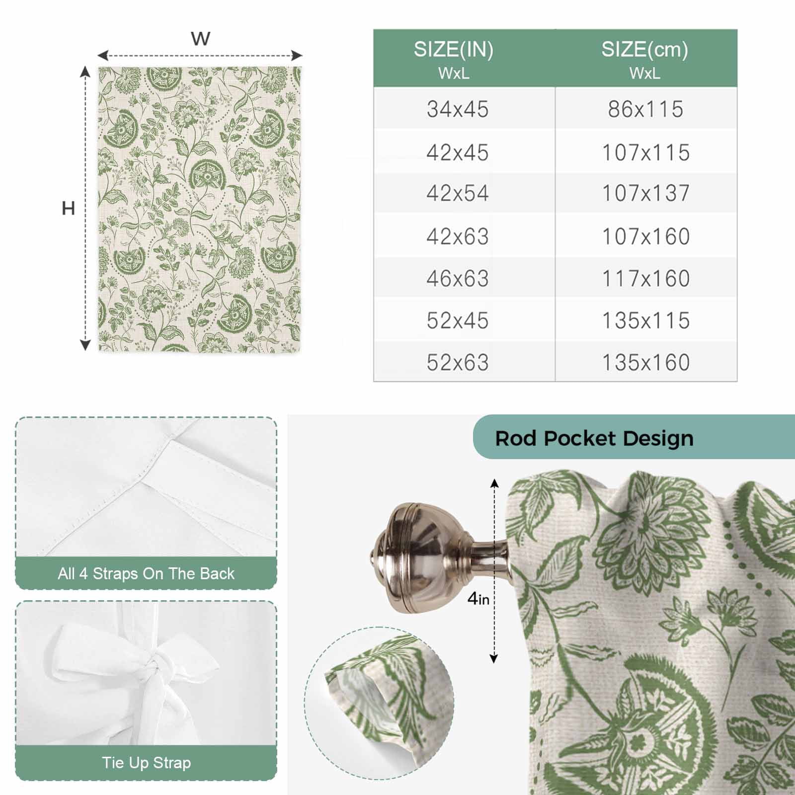 Farmhouse Sage Green Floral Tie Up Curtains, Linen Boho Flower Rustic Country Adjustable Rod Pocket Balloon Curtains Light Blocking Window Treatment for Kitchen Living Room Bedroom, 34 × 45 In