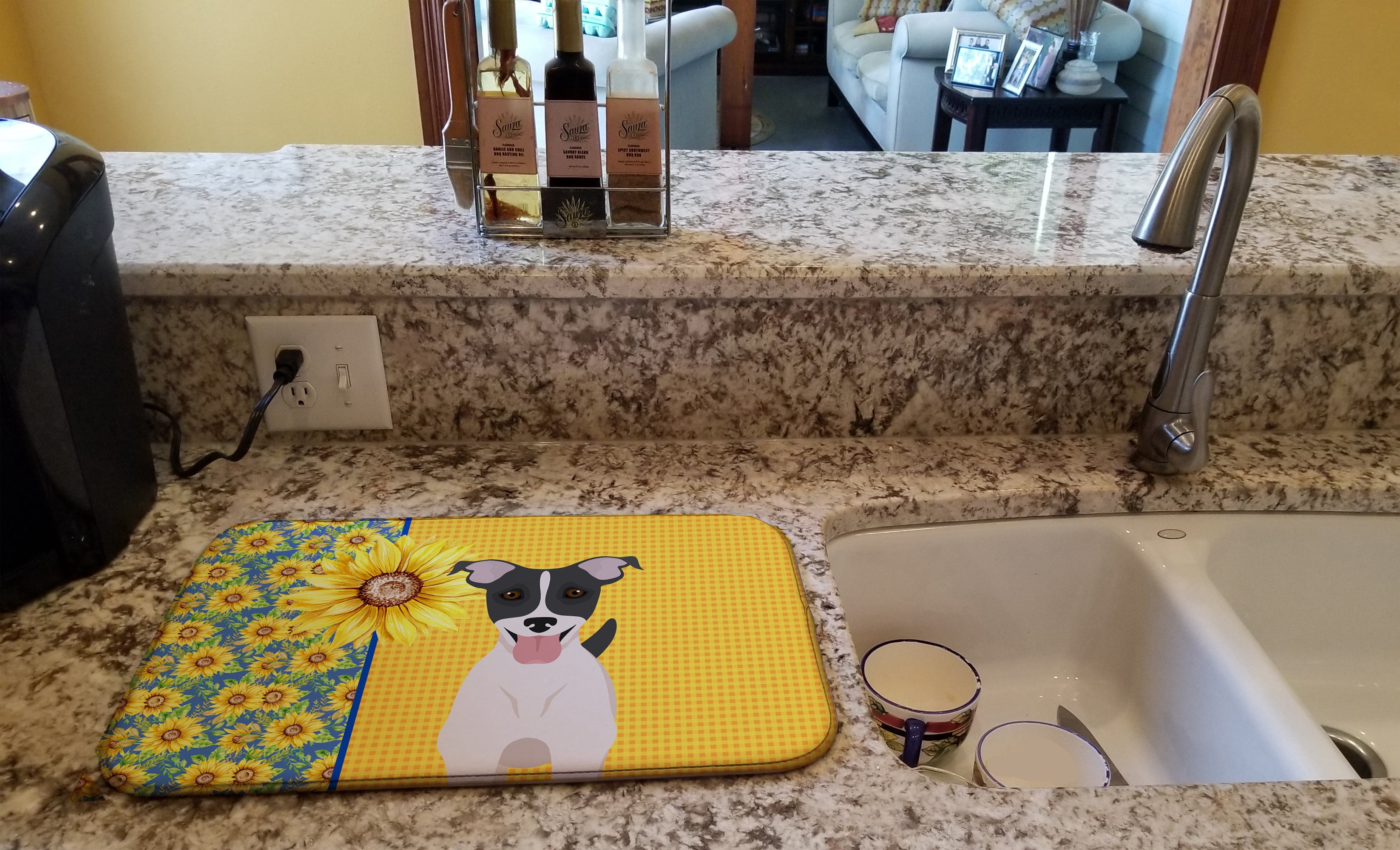 Carolines Treasures WDK5432DDM 21 x 14 in. Summer Sunflowers Black White Smooth Jack Russell Terrier Dish Drying Mat