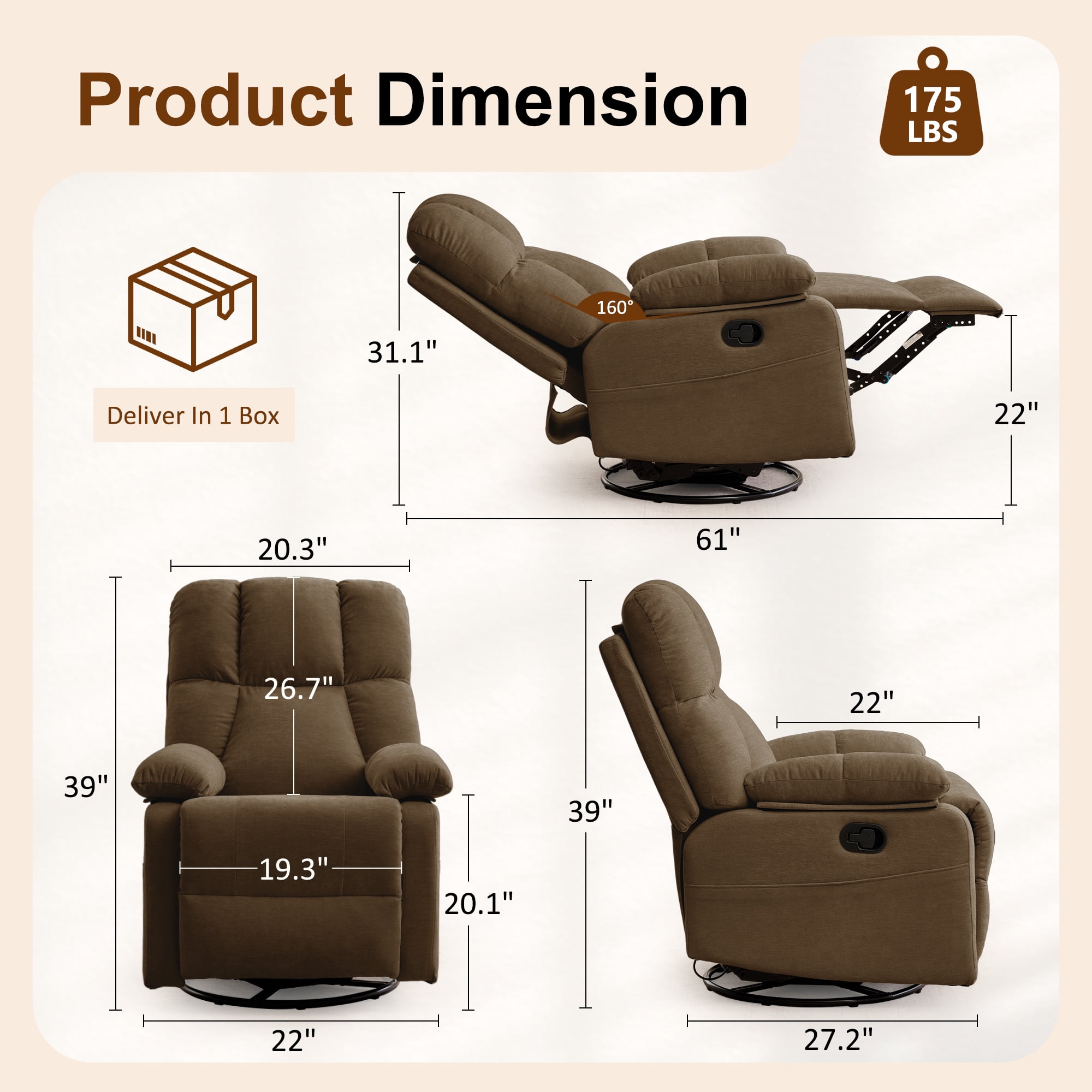 GEEYOO Swivel Rocker Recliner Chair for Adults,360°Swivel Nursery Recliner with Side Pockets,Small Recliner Chair for Small Spaces for Living Room,Linen,Brown