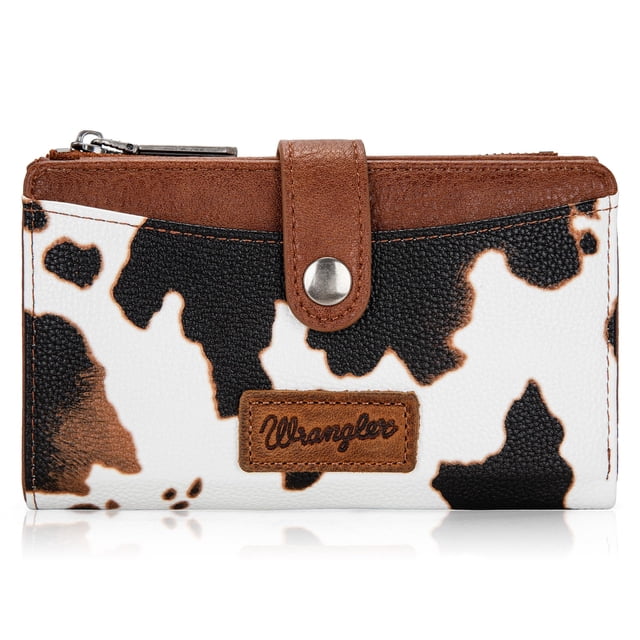 Billetera Wrangler con estampado de vaca plegable para mujer, piel vegana, marrón