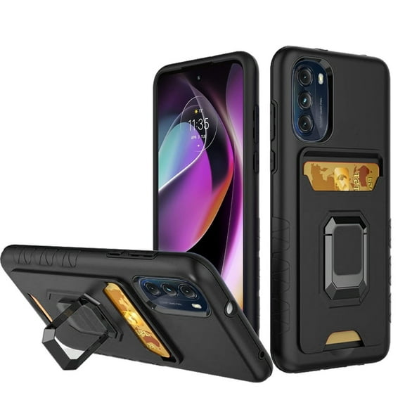 For Motorola Moto G 5G 2022 XT2213DL Card Holder Ring Stand Cover Cell Phone Case   Tempered Glass - Cdst Black