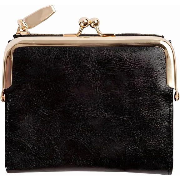 4.96 x 4.37 Inch PU Leather Ladies Kiss Lock Coin Purse With Zipper Small Rectangle Women Wallet RFID Vintage Blocking Bifold Compact Wallet