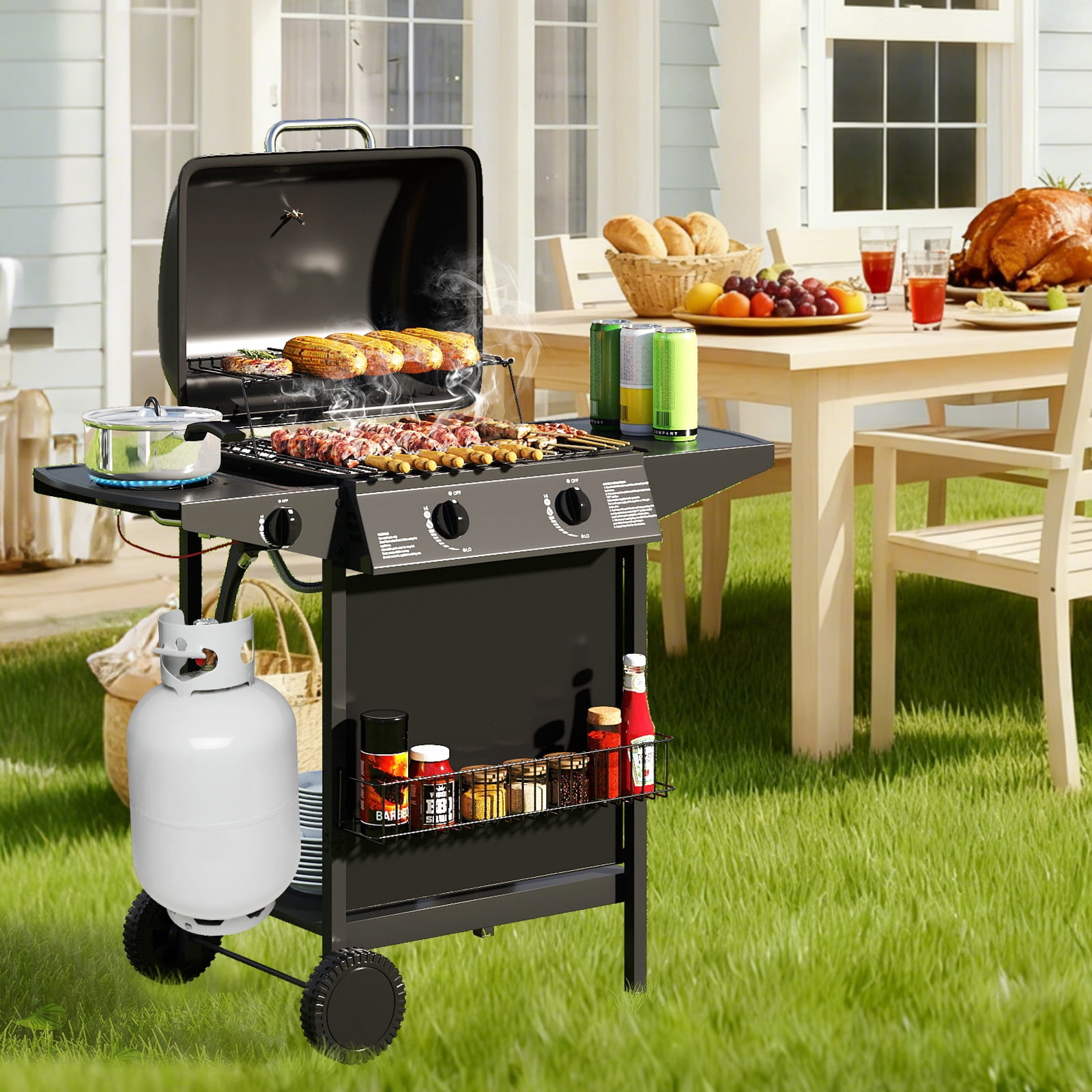 Gymax 30000 BTU Outdoor Cooking Grill w/Storage Shelves & Porcelain-Enameled Grates