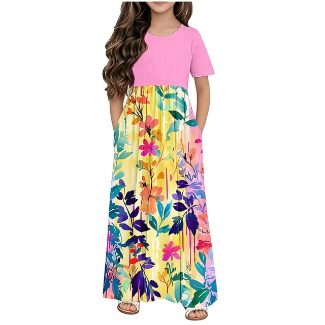 Robe Décontractée pour Filles avec Poches et Imprimé Floral, Manches Courtes, Col Rond, Jupe Longue, Tissu en Polyester Doux, pour Âges de 4 à 14 Ans