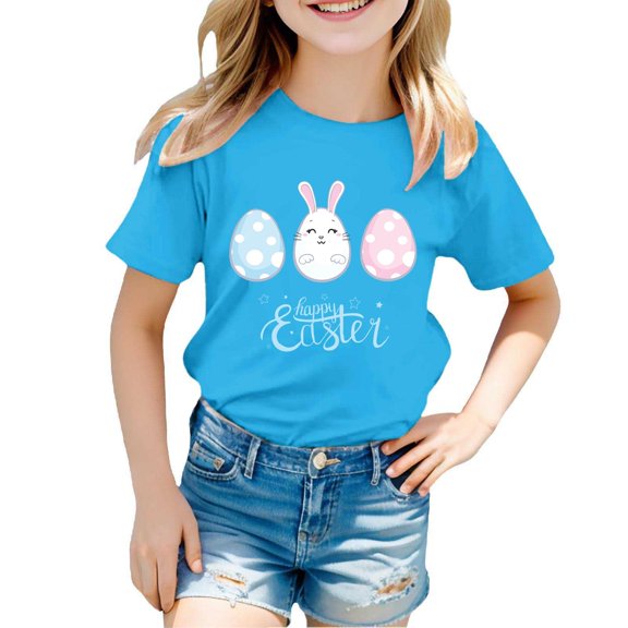 HNMKIU Easter Themed Graphic Tee For Kids Casual Comfortable Holiday Celebration Tops For Girls And Boys Sky Blue,3-4 Years