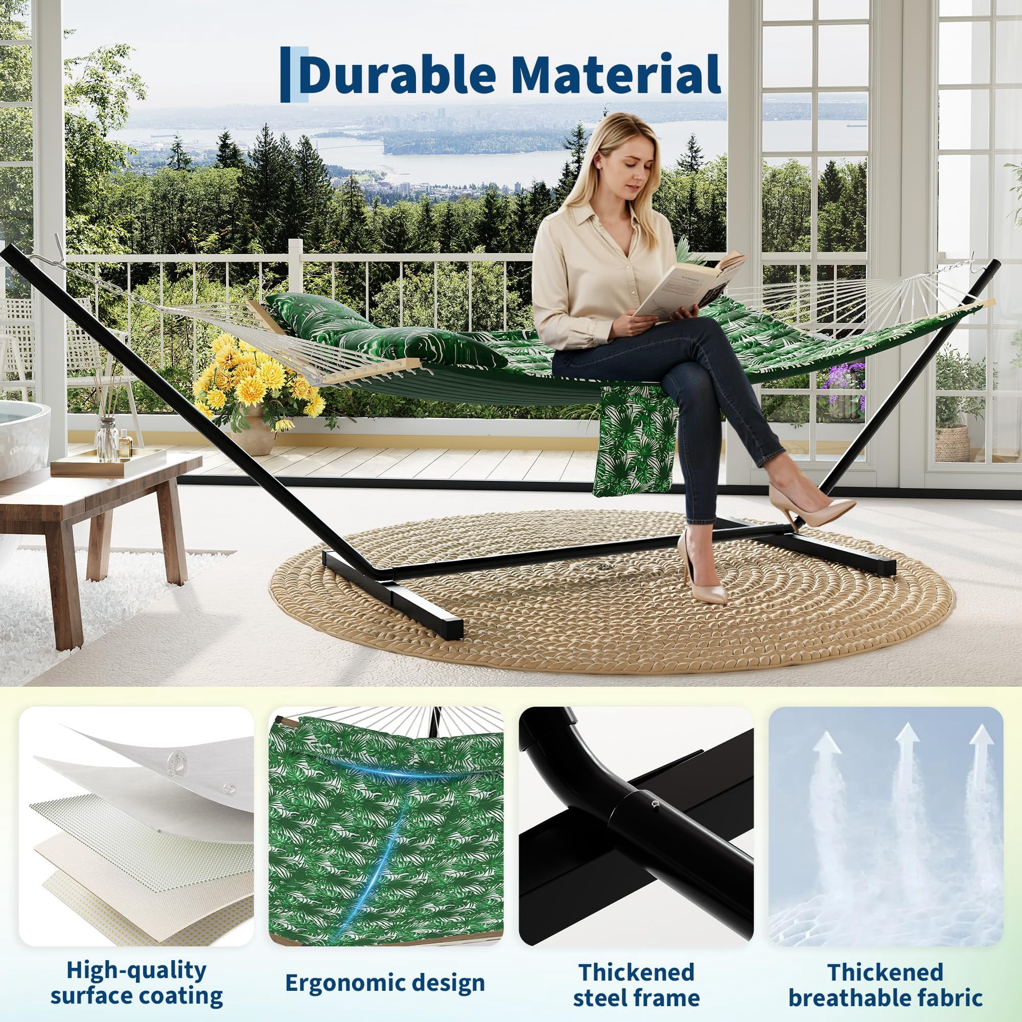 Kicctian 2 Person Hammock with Stand, Portable Double Hammock with 450 lbs Capacity, Balance Rope Included, for Patio, Backyard, Garden or Beach,Green