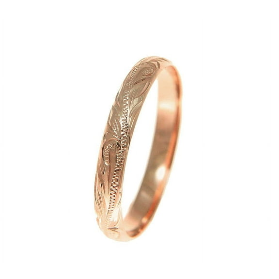 14K solid pink rose gold hand engraved Hawaiian scroll band ring 3mm size 8.5