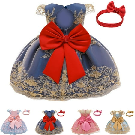 

0-24M Baby Girls Pageant Lace Embroidery Dresses Toddler Party Bowknot Tutu Gown Dress with Headwear