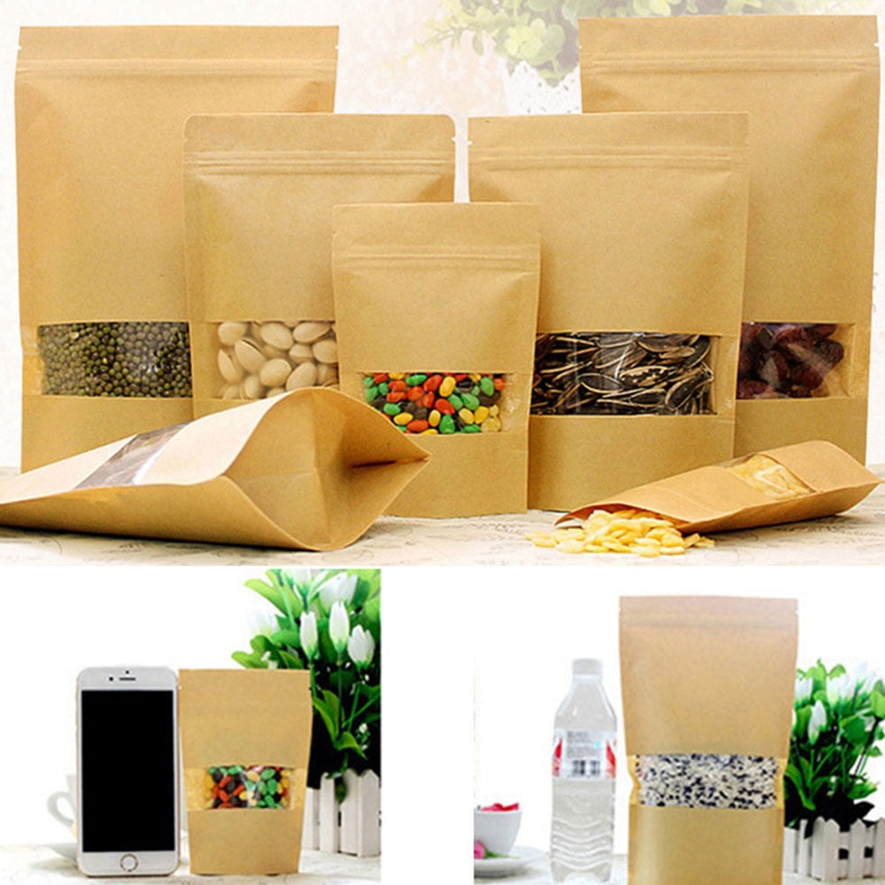 HOTBEST 50 Pcs Kraft Paper Food Bags with Window, 5.5" x 7.8", Stand Up