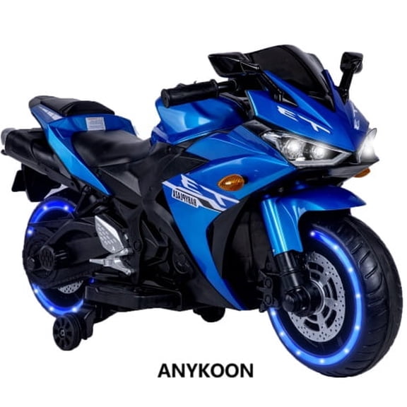 Anykoon 12V Kids Ride On Motorcycle with Training Wheels, Manual Throttle & Light Wheels, for Boys Girls Ages 3-6, Blue