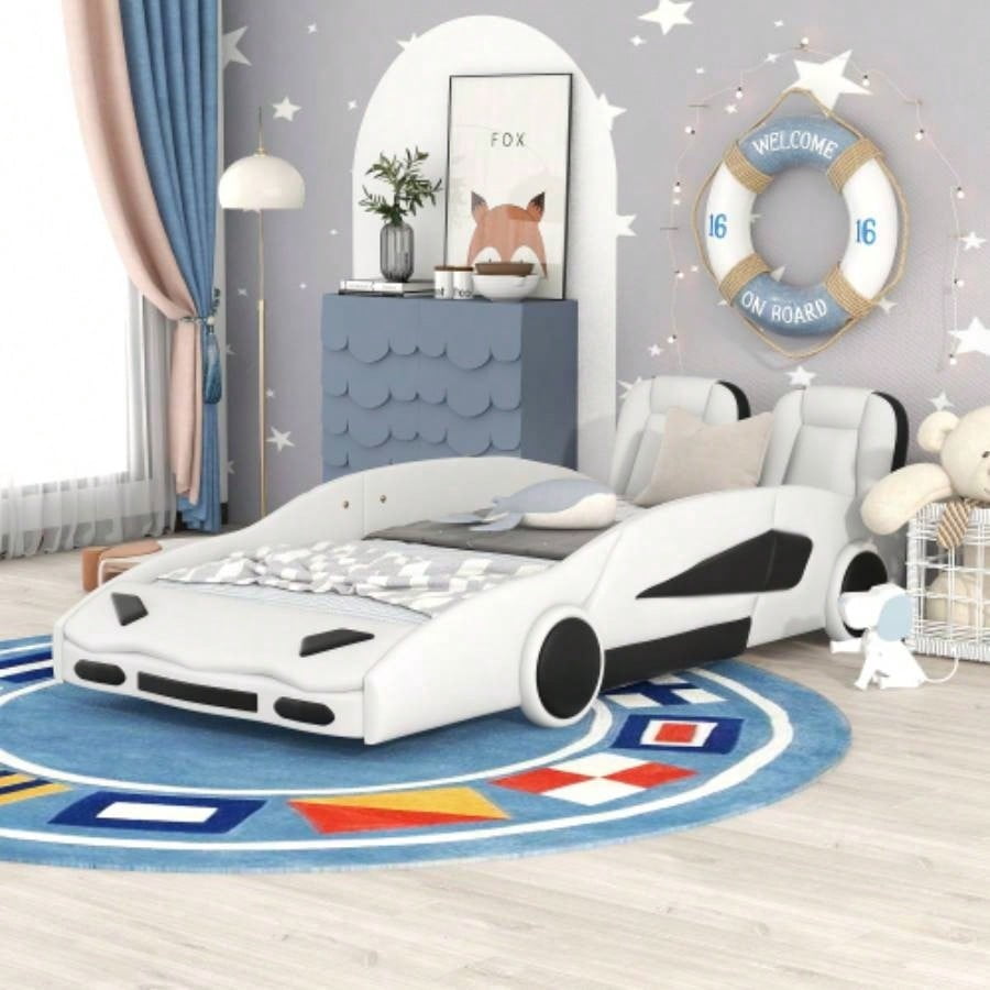 Twin Size Race Car - Shaped Platform Bed with Wheels, White