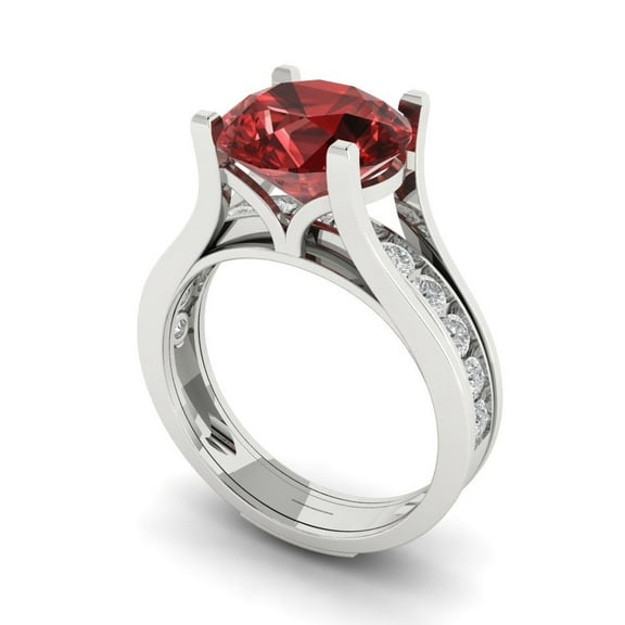 3.39 ct Brilliant Round Cut Natural Garnet 18K White Gold Solitaire with Accents Engagement Bridal Wedding Ring Band Set size 9.5