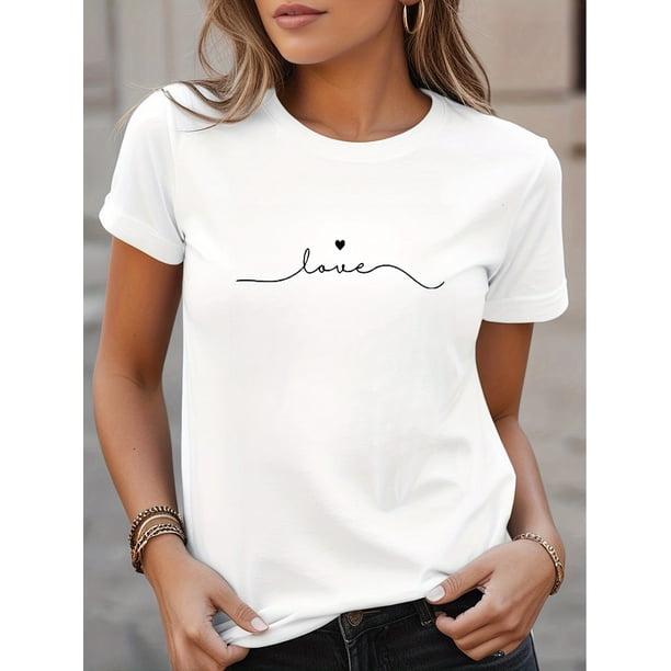 Women's Casual Short Sleeve T-Shirt, With "Love" Script Graphic, Round Neck, Relaxed Fit Top For Sports & Leisure Wear