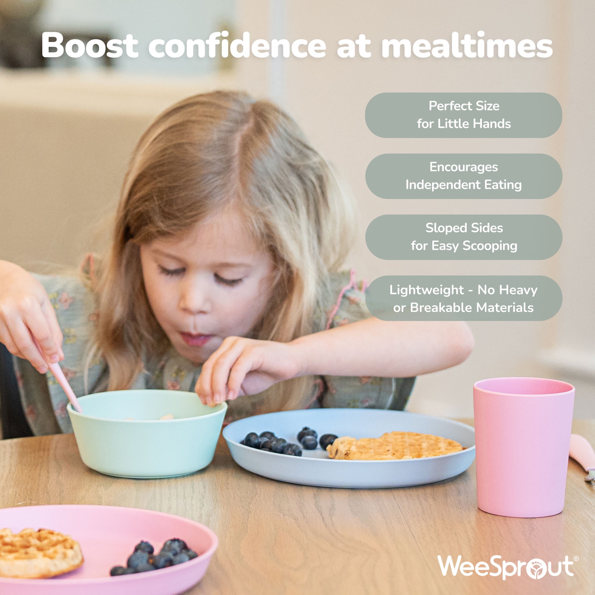 WeeSprout Bamboo Kids Bowls, Set of Four Kid-Sized Dinnerware, Cereal, Leftovers & Snack Bowl