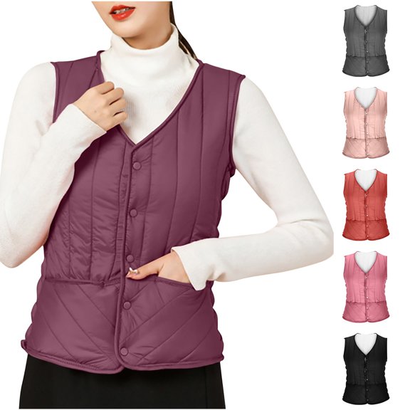 Fmbrln Women's V Neck Quilted Puffer Vest Snap Button Sleeveless Fleece Lined Warm Gilet Jacket Inner Layering Fall Winter Casual Outerwear with Pocket Black XL