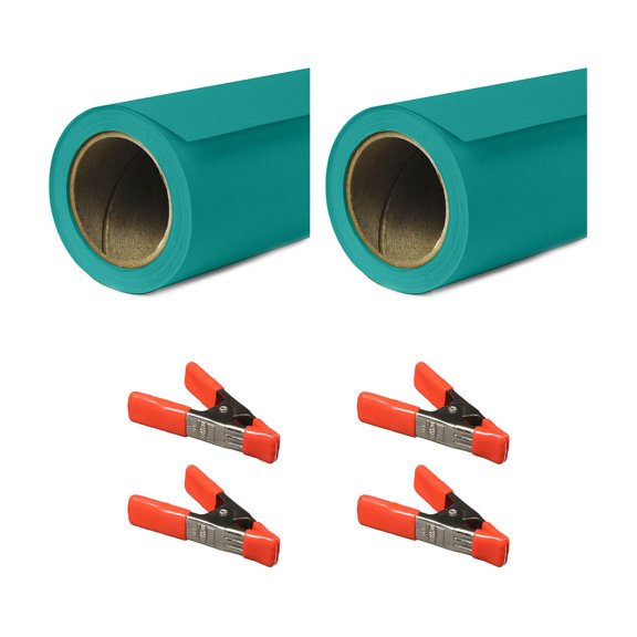 Savage 53"x36' Widetone Seamless Background Paper, Teal, 2-Pack, Bundle with 4x 1-1/4x1" Steel Spring Orange Clamp