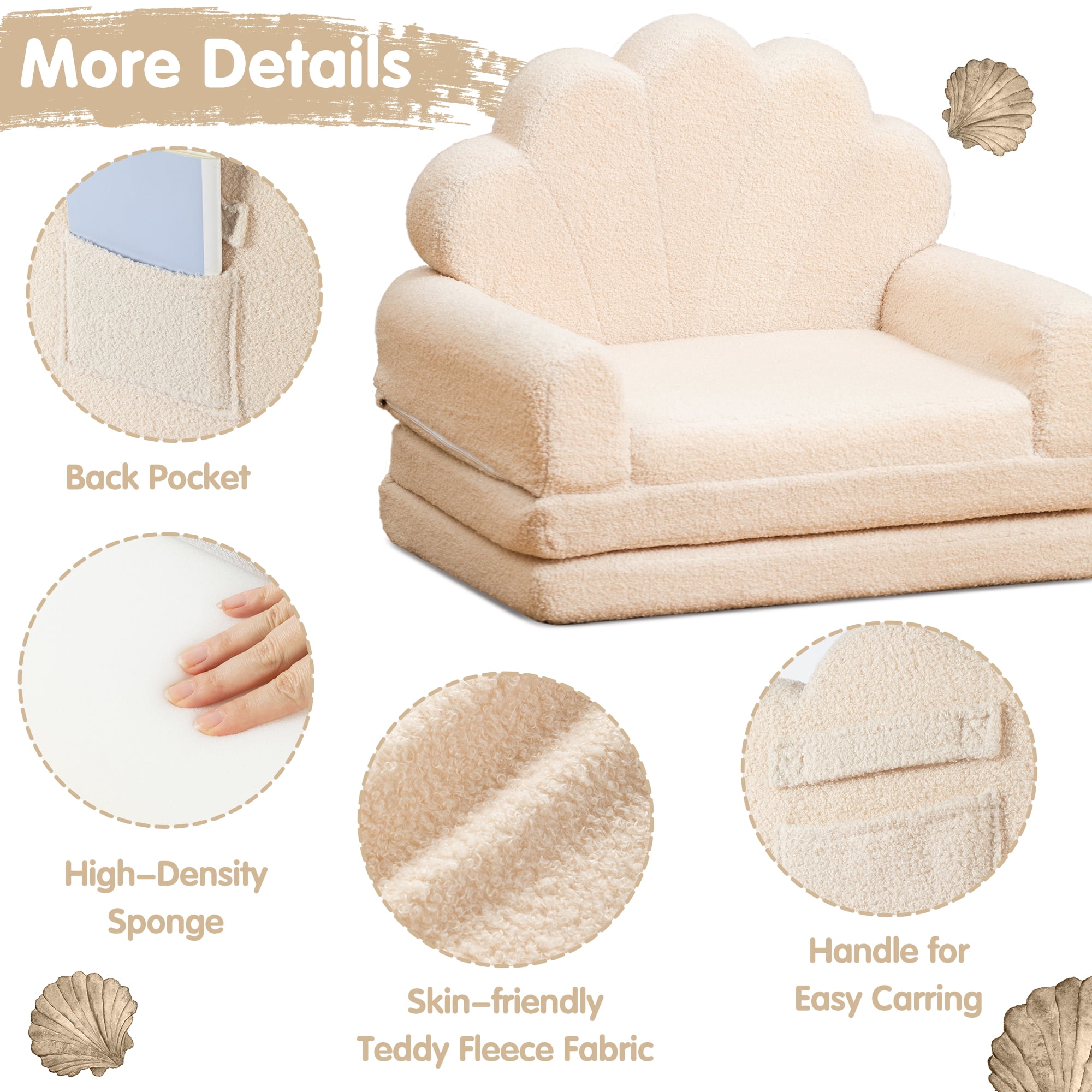 spanspace Kids Chairs for Toddler,Flip-Out 2-in-1 Convertible Chair to Lounger for Girls and Boys, Teddy Fleece Fabric,Cream