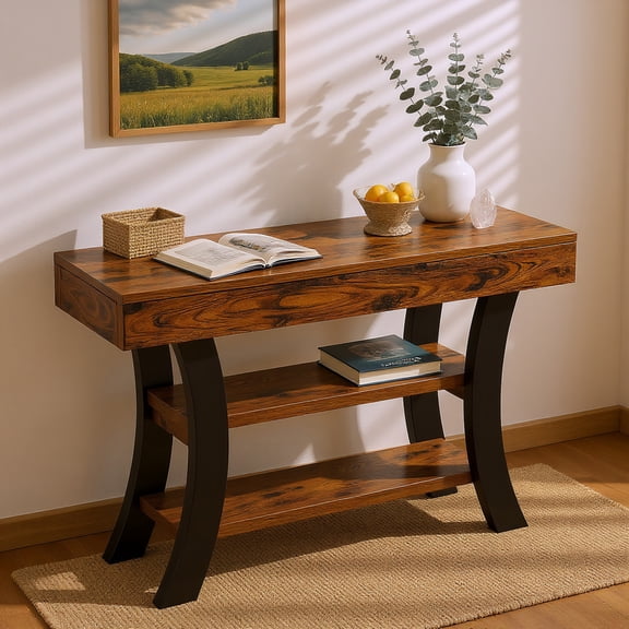 Spaco Industrial Rustic Console Table with Shelves and Metal Curved Legs, Entryway Sofa Side Table for Indoor as Living Room, Bedroom, Brown