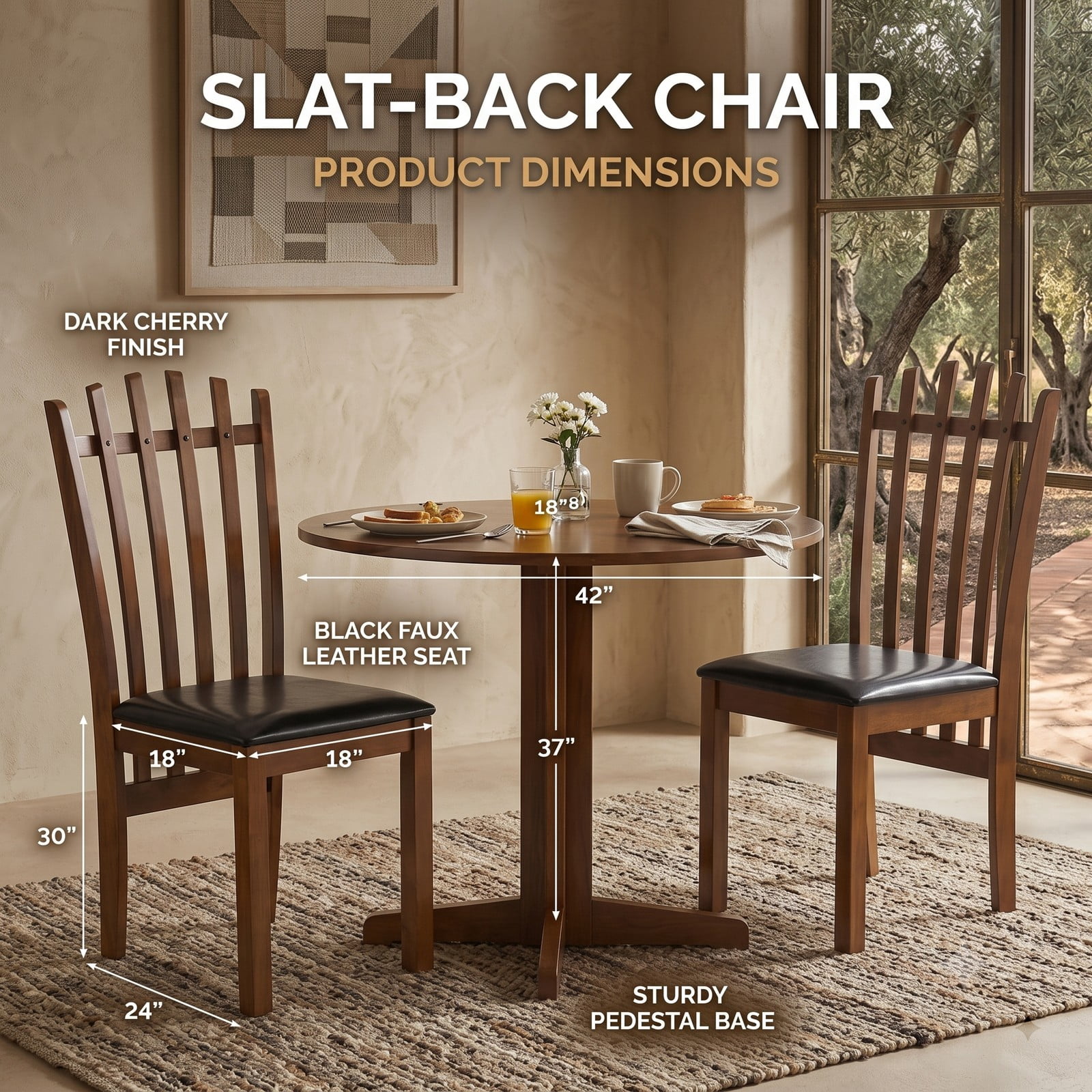 Furnibear Wooden Dining Chair Set of 2 Spindle Back Kitchen Chairs with PU Leather Padded Seat, Solid Rubber Wood Armless Side Chairs for Dining Room, Walnut & Black