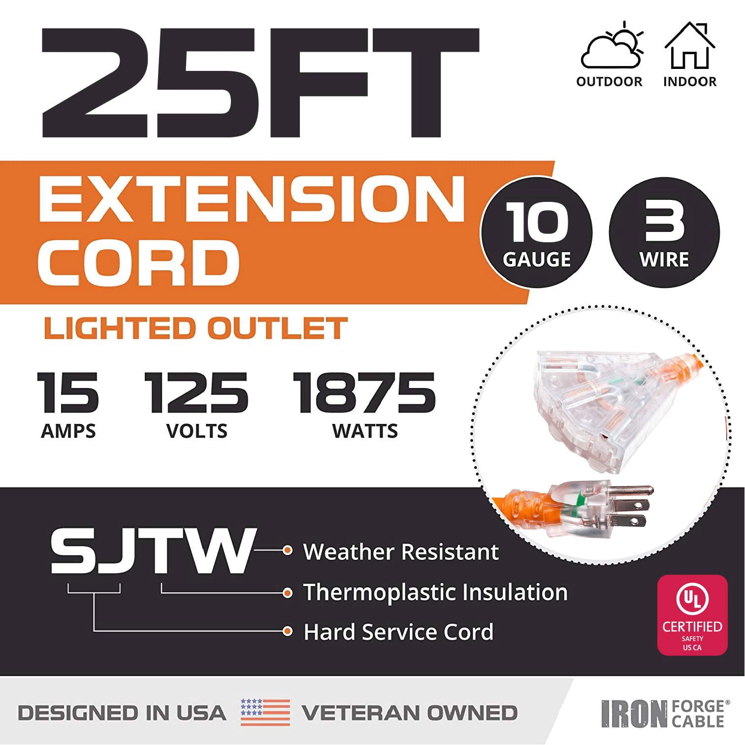 Iron Forge Cable 10 Gauge 25ft Lighted Outdoor Heavy Duty Extension Cord with 3 Outlets - 15 Amp 10/3 SJTW Orange Extension Cord with Multiple Outlets
