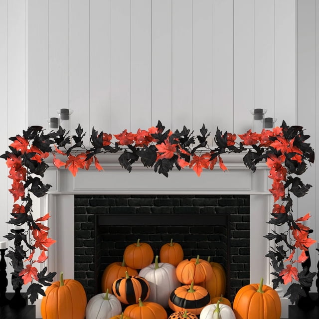 Halloween Enredaderas de hoja de arce negro 2-Pack | Guirnalda de vegetación artificial para decoración de fiesta de casa embrujada espeluznante | Plástico flexible y seda | 68.9in de largo