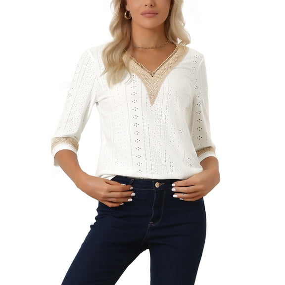 INSPIRE CHIC Women's Tops 3/4 Sleeves V Neck Casual Contrast Color Lace Trim Blouses XS White