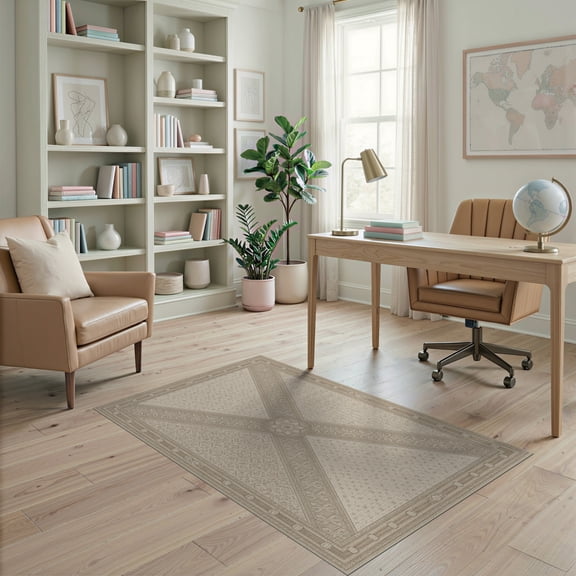 ODIKA 4'x6' Beige Ivory Geometric Cross Tufted Washable Area Rug Ornate Medallion Center Motif With Intricate Diamond Lattice Sections for Bedroom, Reading Nook, Pet Friendly & Non-Shedding