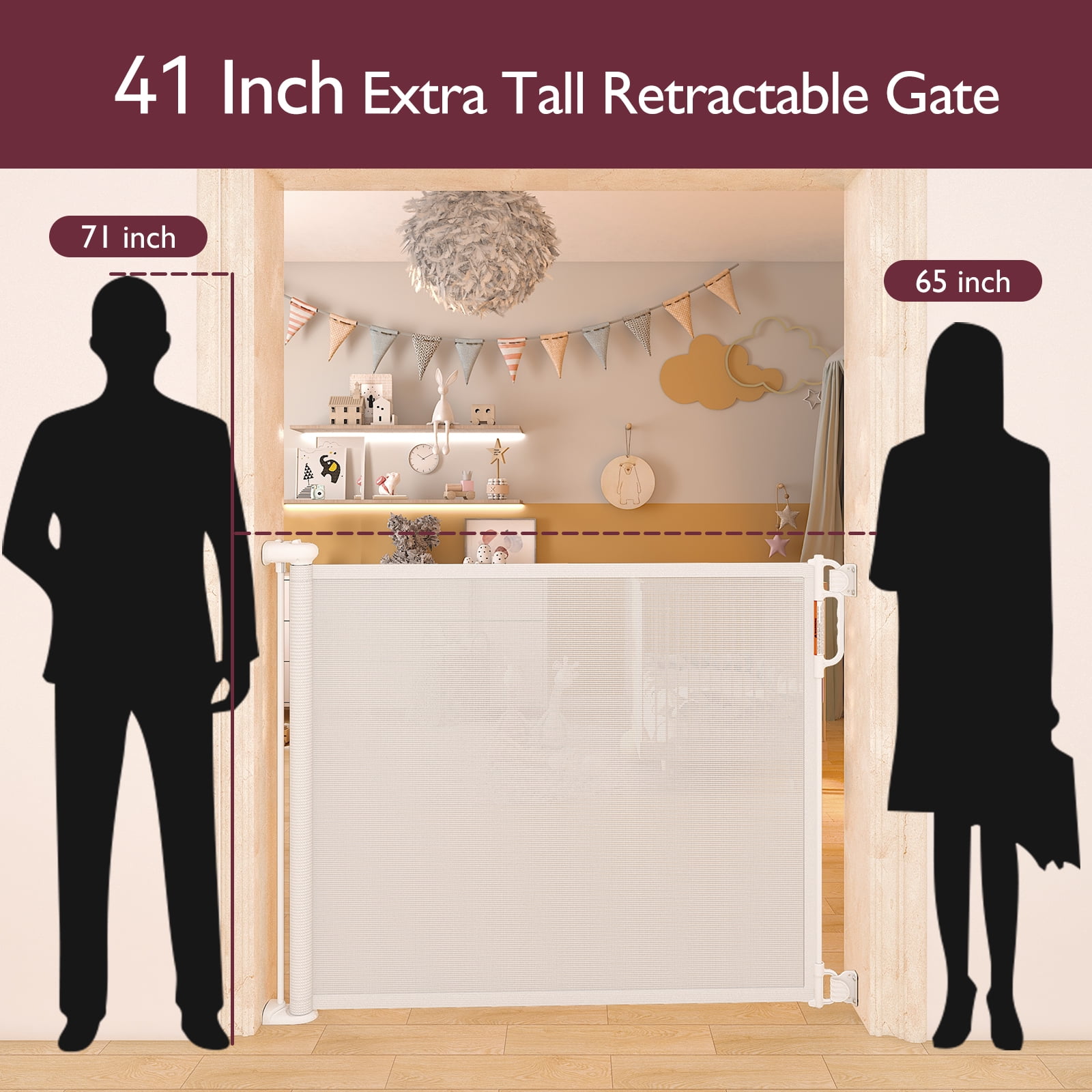 Momcozy Retractable Baby Gate for Stairs, Doorways & Hallways, 41" Tall, Extends up to 71" Wide, Wipeable Breathable Material
