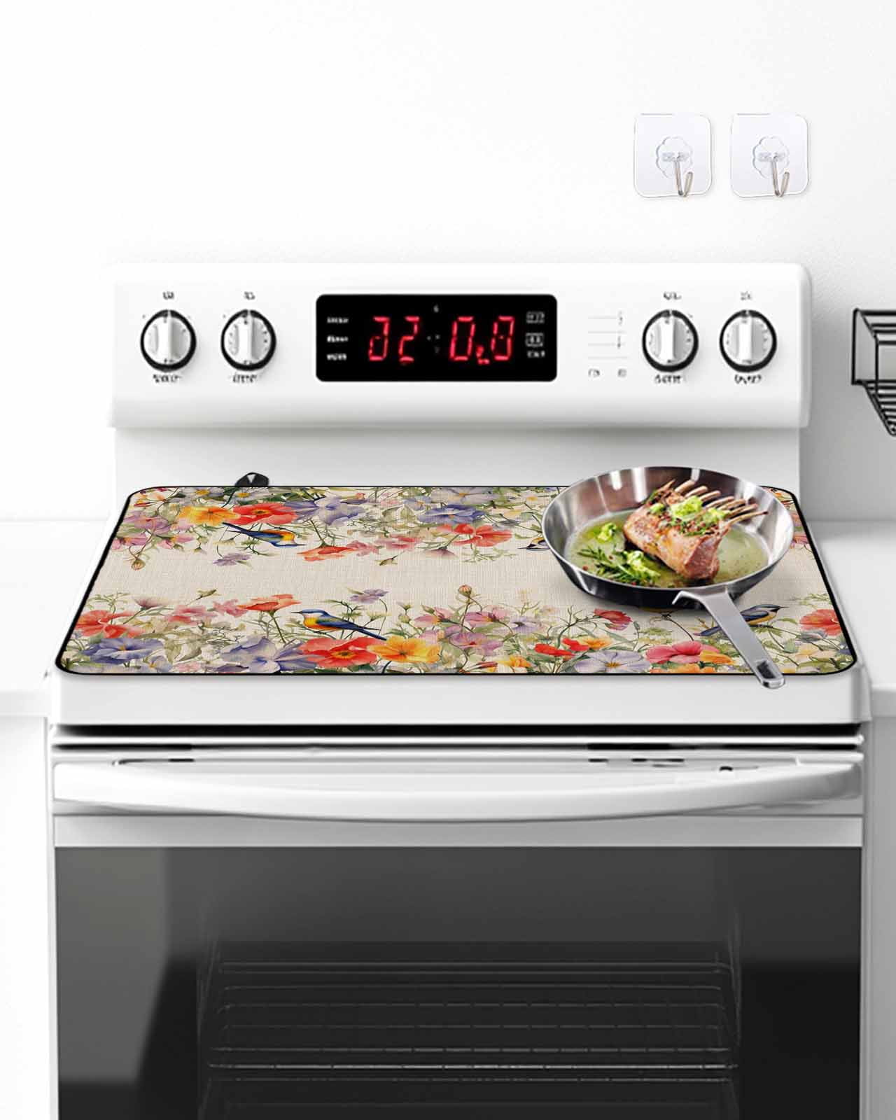 Stove Top Covers for Electric Stove, Vintage Flowers Glass Stovetop Cover Protector, Spring Floral Botanical Rustic Pastoral Induction Cooktop Protector Oven Mat for Kitchen Countertop 24"x21"