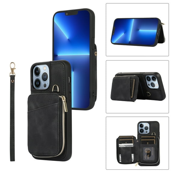 ELEHOLD for iPhone 11 Pro Max 6.5 inch Luxury Zipper Wallet Case with Card Slots Zipper Pocket Kickstand Function Wriststrap Crossbody Shoulder Strap Shockproof Purse Case,Black